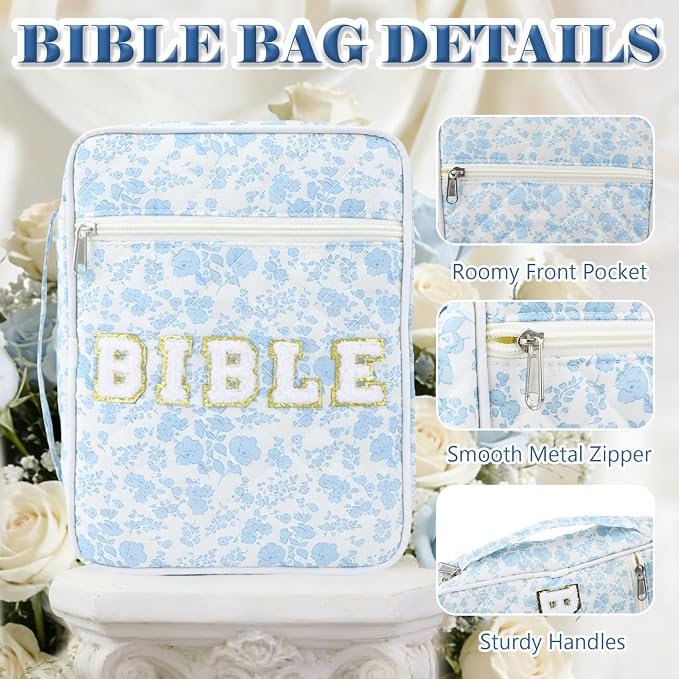 Bible Cover Case for Women, Large Chenille Letter Bible Bag with Handle, Carrying Bag with Tabs 6 Colored Pens 6 Highlighters, Back to School Study Supplies Christian Church Gifts, Blue Flower