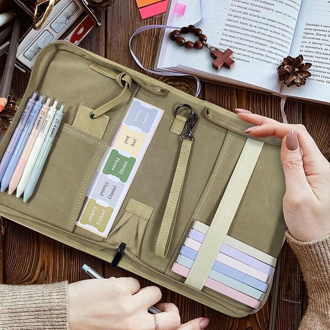 CITYCHASE Elegant Rose Design Bible Cover Case with Bible Study Supplies Highlighters Pens Bookmark Leather Bible Cover Case for Women Perfect Gift for Christians(Khaki Pro)