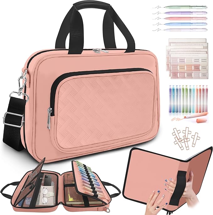Large Bible Cover Case for Women, Book Carrying Case with Highlighters Tabs Pens, Bible Bag for Girls Organizer, Bible Holder Bible Study Supplies Journaling Kit, Christian Gifts Pink