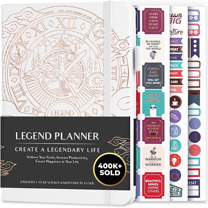Legend Planner – Undated Weekly & Monthly Life Planner to Hit Your Goals & Live Happier, Organizer Notebook & Productivity Journal, A5 (White, Gold)