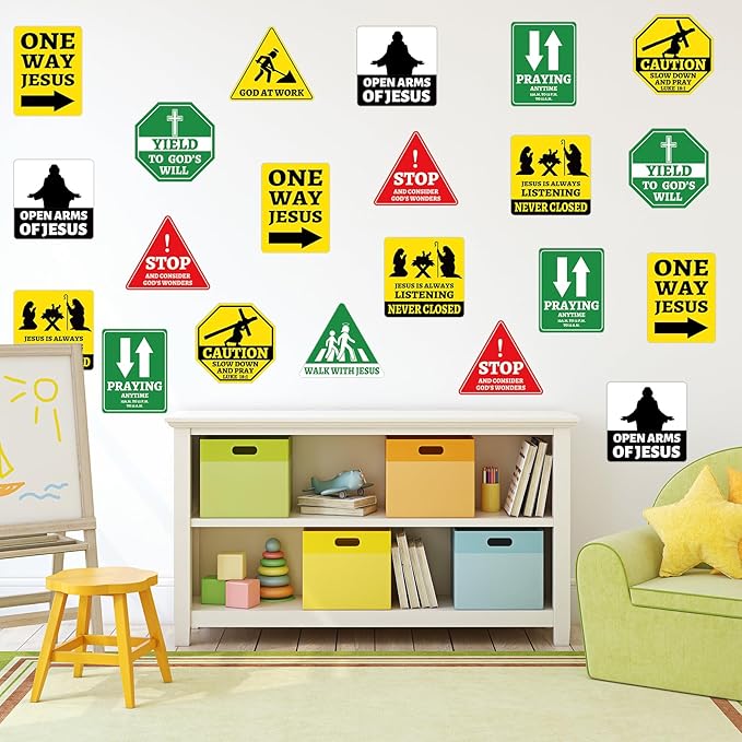 27PCS Religious Cutouts Jesus VBS Construction Traffic Road Sign for Jesus Birthday Classroom Bulletin Board Decors Sunday School God Construction Theme Bible Wall Bulletin Signs Classroom Supplies