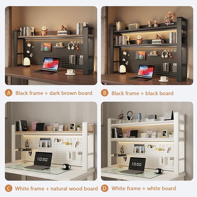 Desk Shelf Organizer for Top of Desk – Desktop Bookshelf with Pegboard & Storage Accessories, Adjustable Hutch for Dorm or Office, Steel Frame Display She Black frame + dark brown board 21.7*9.8*26in