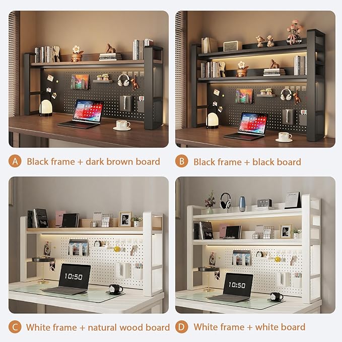 Desk Shelf Organizer for Top of Desk – Desktop Bookshelf with Pegboard & Storage Accessories, Adjustable Hutch for Dorm or Office, Steel Frame Display Shelf, White frame + white board 45.3*9.8*36.6in