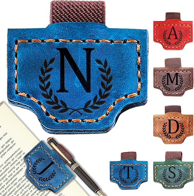 Personalized Leather Magnetic Bookmark with Pen Holder, Bookmark 26 Letters Name Initial Bookmarks for Readers, Book Lover Gifts for Women Men Notebook Accessories (Blue, N)