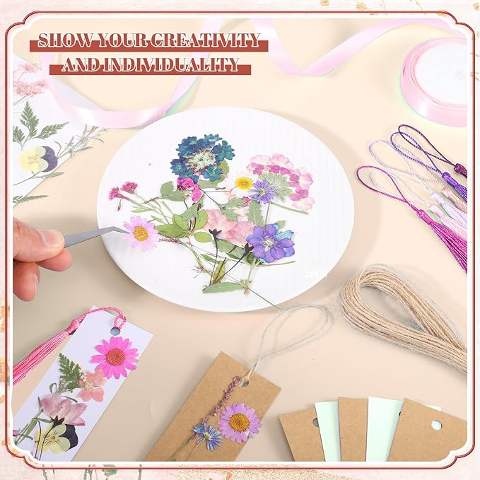 60 Pcs Kraft Paper Blank Bookmarks, DIY Pressed Flower Craft Bookmarks Set, Dried Floral Book Mark Making Kit, with 40 Pcs Pressed Flowers, 30 Pcs Tassels, 1 Roll Ribbon, 1 Roll Twine, 1 Pcs Tweezers