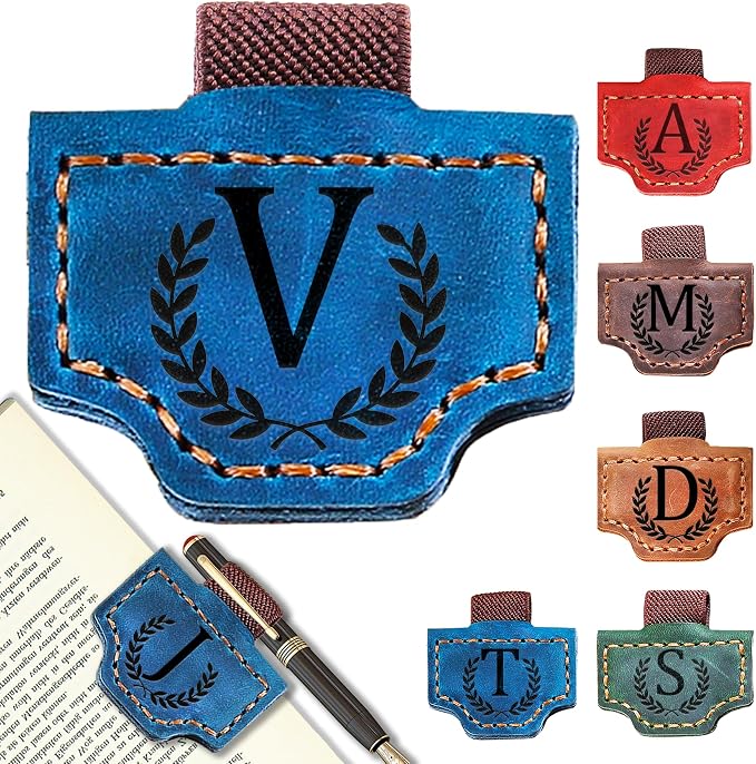 Personalized Leather Magnetic Bookmark with Pen Holder, Bookmark 26 Letters Name Initial Bookmarks for Readers, Book Lover Gifts for Women Men Notebook Accessories (Blue, V)