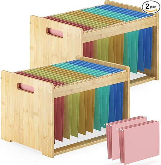 Hanging File Organizer Box for Letter Size, 2 Pack Bamboo File Folder Organizer, Storage Moving Boxes with Handle Wood Desk Filing Box for Office Banker Document