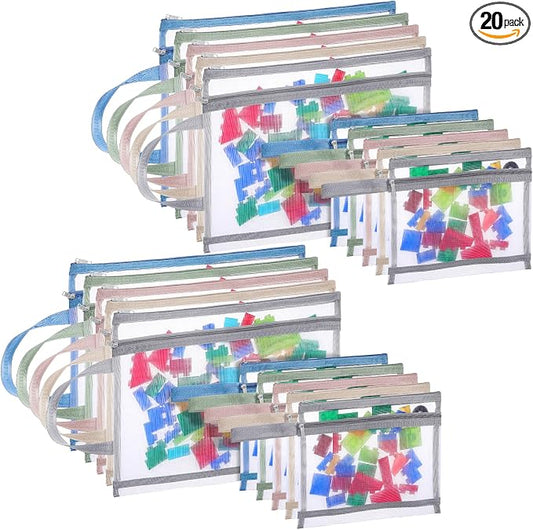 SHENLIU 20 Pack Mesh Zipper Pouch Bags, 5 Colors Double Layer Nylon Mesh Bags with Handle Storage & Organization A4 & A5 Breathable See Through Zipper Pouch for Puzzle Board Storage Office Travel