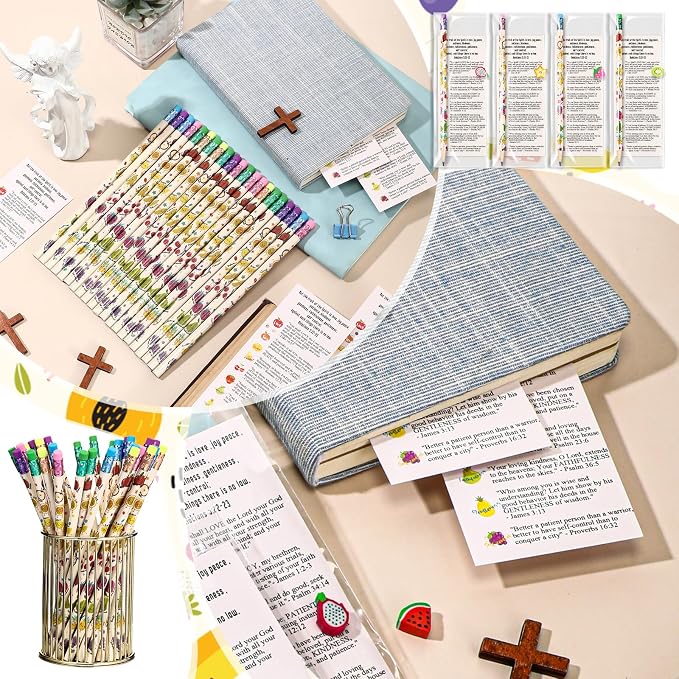 Dunzoom 45 Set Fruits of The Spirit Gift Fruit Scented Pencil with Eraser Christian Bookmark Religious Sunday School Prize Christian VBS Gifts for Church Gift Exchange (English)