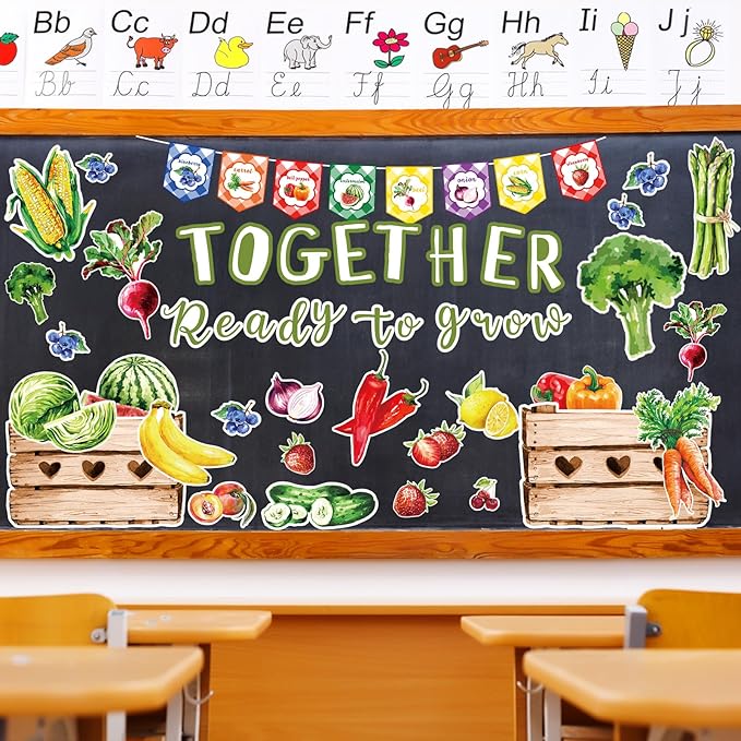 Fuutreo 75 Pcs Farmers Market School Classroom Bulletin Board Decoration Set Fruit Vegetable Classroom Bulletin Board Paper Growth Cutout Accent for Wall Chalkboard Decor