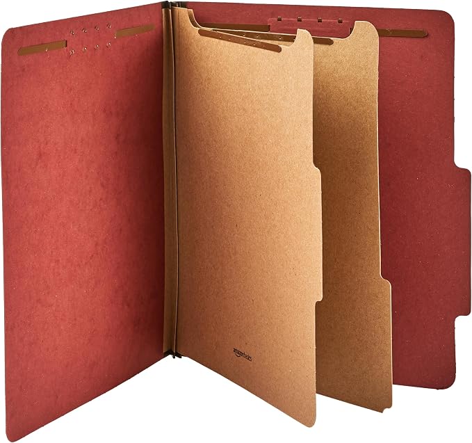 Amazon Basics Classification Folder with Prongs, Pressboard, 2 Dividers, 2-Inch Expansion, Letter Size, Red, Pack of 20, for Organizing Documents