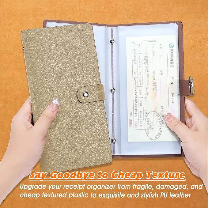 Leather Coupon & Receipt Organizer, Portable Receipt Holder with 40 Clear Pockets for Home, Shopping, Travel, Business Trip – Keep Receipts and Coupons Organized, Prevent Loss and Damage (Apricot)