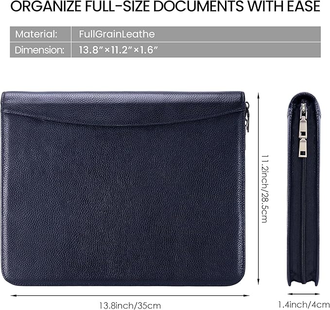 Genuine Leather Zippered Padfolio with 3 Ring Binder, A4/Letter Portfolio Organizer for Work, Fits 13.9" Laptop, Business Folder with Notepad Holder, Meetings & Interviews (Black)
