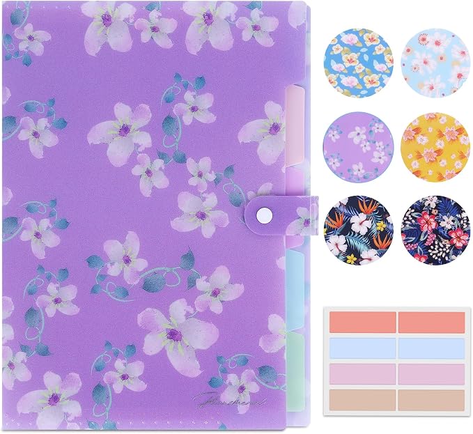 Flower Series Expanding File Folder, Vintage Floral Elegant Funky Cute Retro Document Organizer for Document Arrangement - Purple Floral