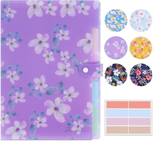Flower Series Expanding File Folder, Vintage Floral Elegant Funky Cute Retro Document Organizer for Document Arrangement - Purple Floral