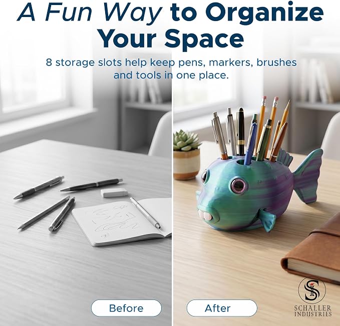 S I Schaller Industries Aesthetic Pen Holder for Desk 16mm Slot Size-Fun Metallic Teal Blow Fish Pencil Holder - Cute Pen Rack Holds 8 Pens, Compatible with Pencil, Marker & Office Supplies