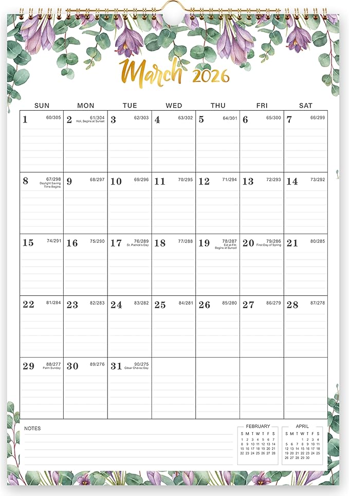 2026 Wall Calendar - Calendar 2026 Wall, Jan 2026 - DEC 2026, 12" x 17", Large Blocks, Hanging 2026 Wall Calendar 12 Months, Floral Calendar for Living Room