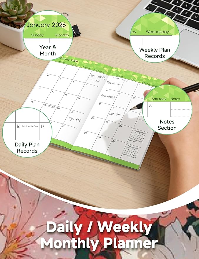 Pocket Calendar 2026-2028 Floral Series, Monthly Planner Jan 2026 to Jul 2028 (3.7" x 6.7") Perfect Purse Calendar, Pocket Agenda with Protective Plastic Sleeve-Blush Floral