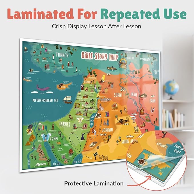 Bible Story Map Poster for Kids, Laminated 17.5" x 24" – 70+ Illustrated Bible Stories for Kids, Classroom & Homeschool, Bulletin Board, Sunday School Educational Wall Chart + 4 Printable Worksheets
