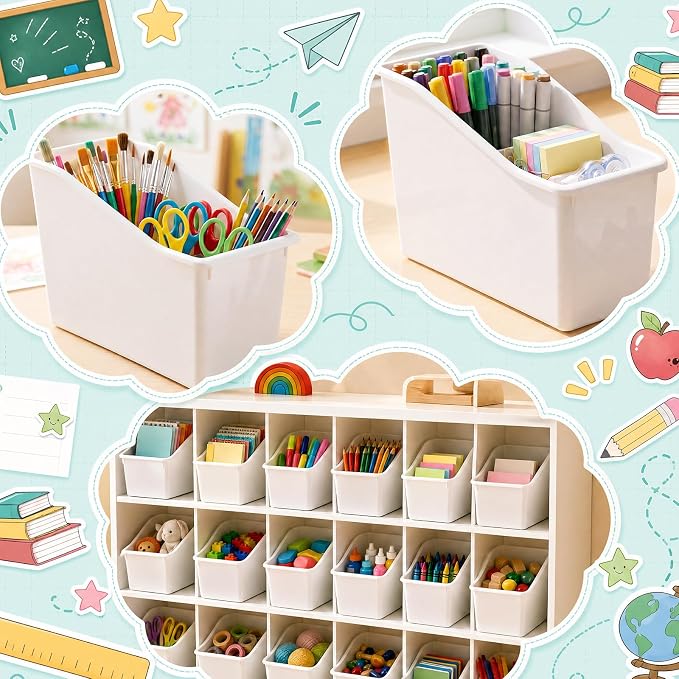 Fuutreo 12 Pcs Pieces Book Bins for Classroom Plastic Binder Holder Magazine Stuff Folder File Organizer Box for Home Office School Supplies (White)