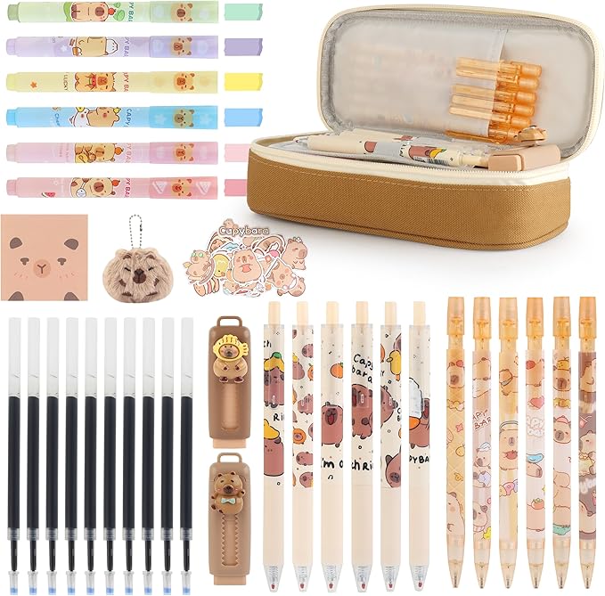 Capybara Gifts Box, Cute Capybara Toy for Girls Kids for Back to School, Birthday, Christmas Gifts with Pencil case, Highlighters, Gel Pens, Pencils, Erasers, Stickers, Sticky Notes, Fuzzy Pendant