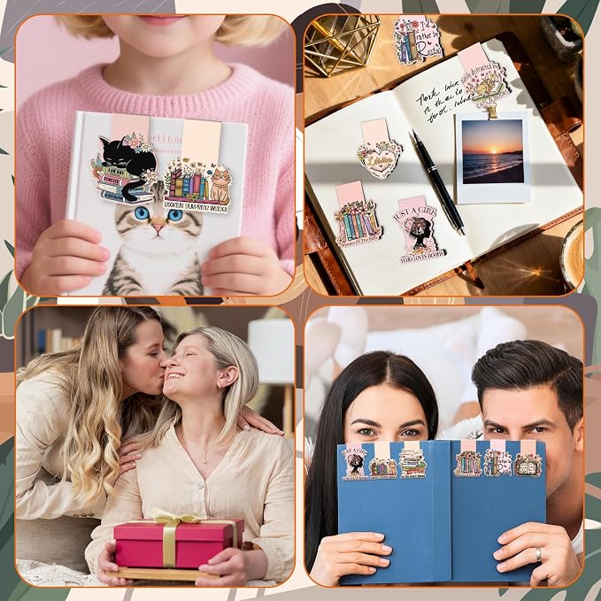 Wxiben Book Lovers Magnetic Bookmark - 9 Pcs Funny Reading Bookmarks Magnets Retro Bookish Floral Book Mark Magnetic Book Mark Page Markers Clip Gifts for Women Men Book Lovers Students Teacher