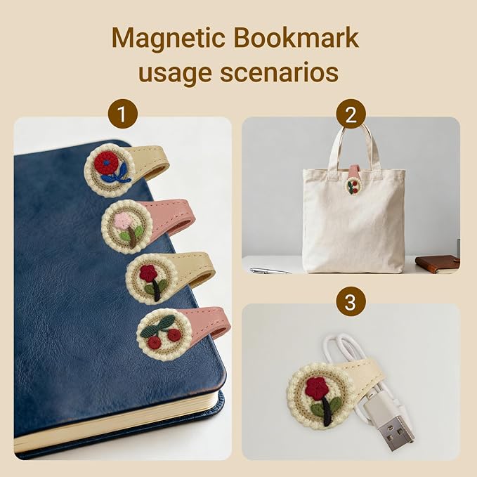 3Pcs Magnetic Leather Bookmark Set, Embroidery Magnetic Bookmarks Clips for Book Lovers Reading, Book Accessories(Flowers)