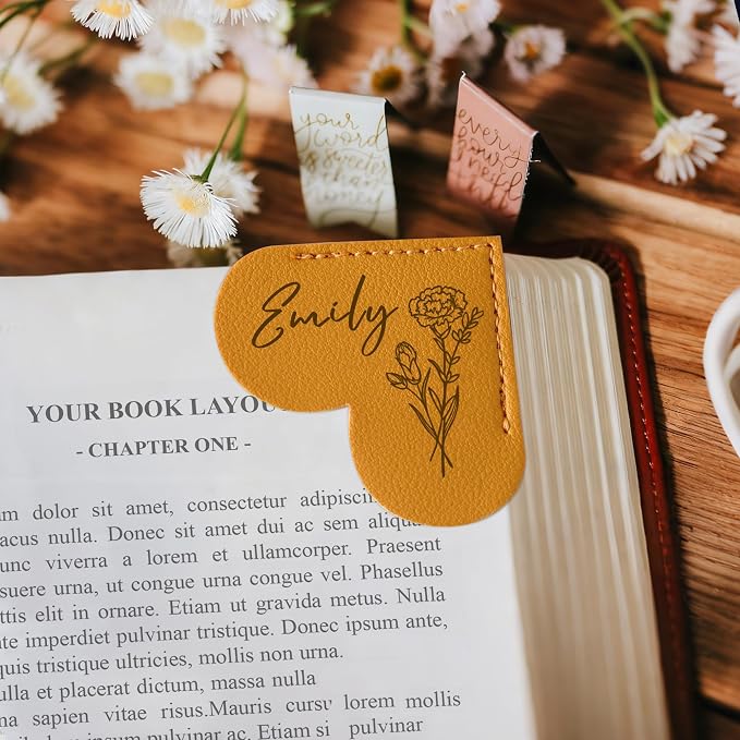 EDSG Personalized Leather Heart Bookmark, Cute Corner Bookmarks for Women, Men, Custom Birth Flower Book Marks with Name, Birthday Christmas Gifts for Book Lovers, Teachers, Students (Deep Pink-Heart)