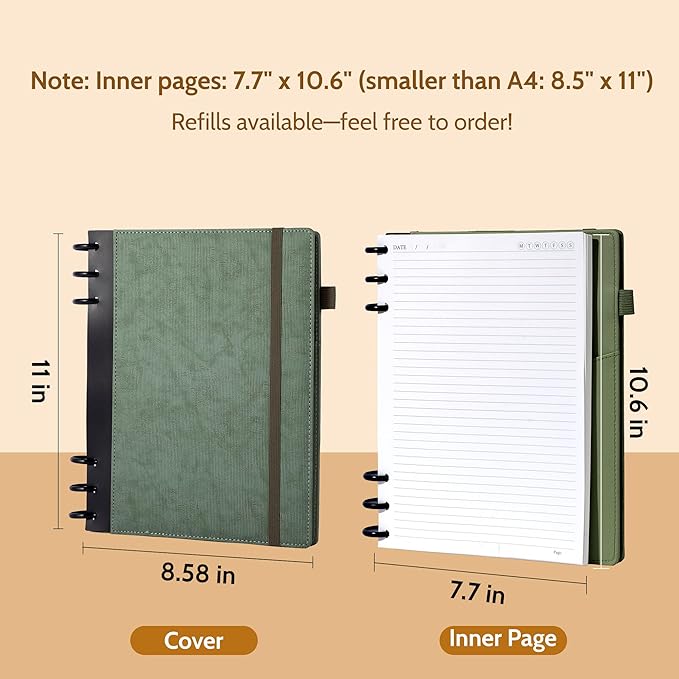 Yoment Refillable Notebooks for Work 5 Subject with Removable Dividers Tabs 240 Pages Hardcover Leather Journals for Writing Large Discbound Planner Colleged Ruled Paper for Women Men 8.58 x 11,Green