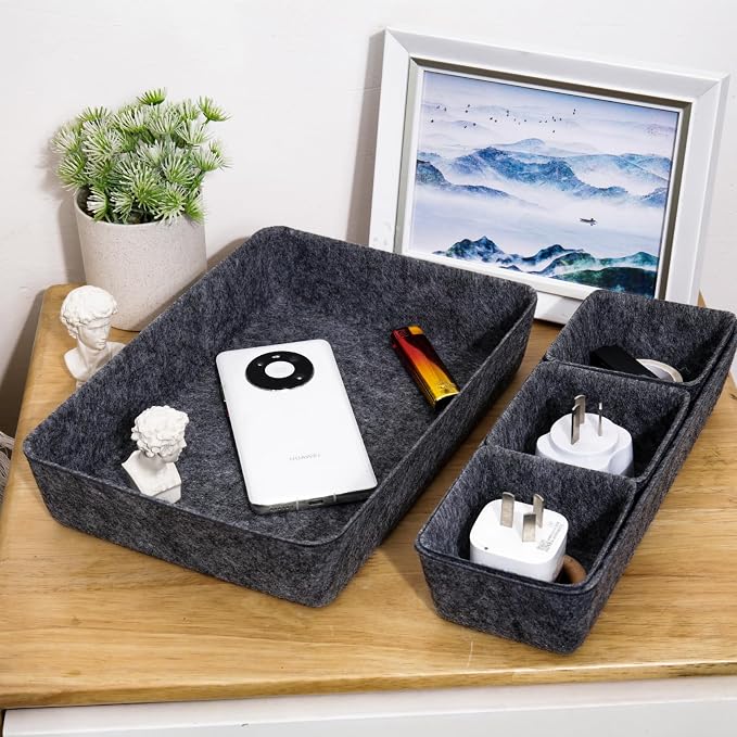Desk Drawer Organizer Bins, 16pcs Felt Shallow Bathroom Storage Trays, Office Accessories & Workspace Organizers Jewelry & Makeup Boxes Containers(Black)