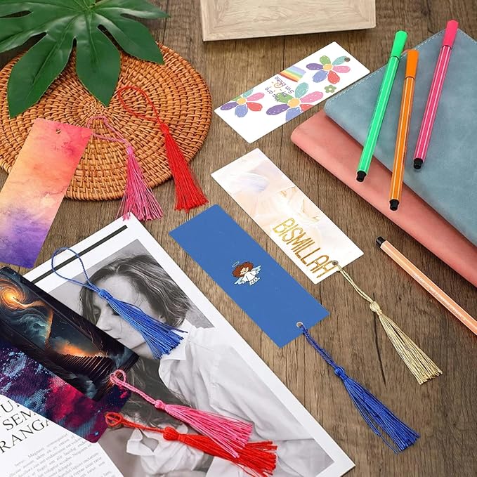 100 Pcs Sublimation Bookmark Blank, Paper DIY Bookmarks with Hole and Colorful Tassels for Crafts,Personalized Tassels Blank Bookmarks
