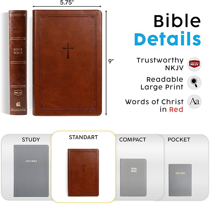 Personalized NKJV Reference Bible, Custom Name Text & Design, New King James Version, Large Print, Red Letter, Cross References, Faux Leather Brown, Baptism Confirmation Gift