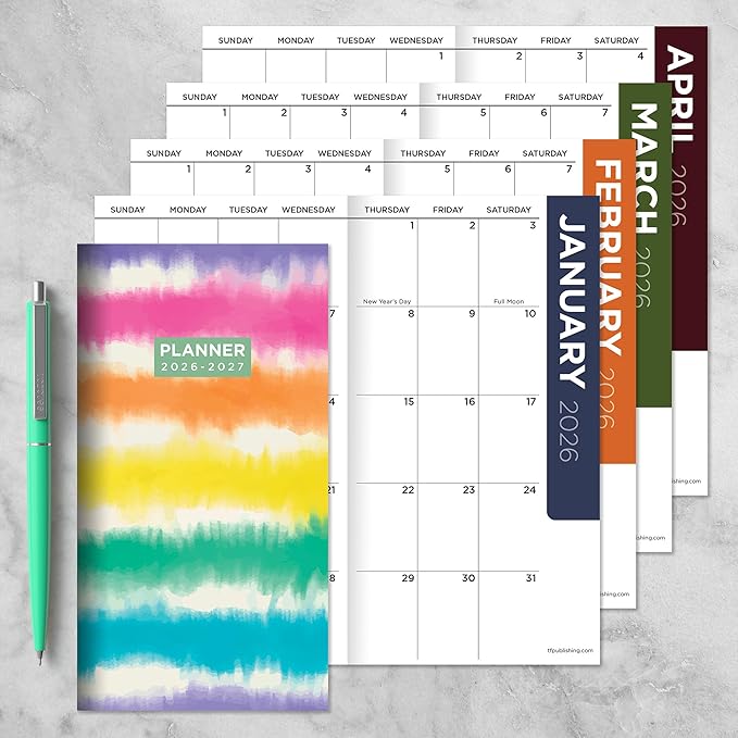 TF Publishing 2026-2027 Tie Dye Small Monthly Pocket Planner with 2 Page Large Calendar Grid and Lined Notes Section - 2 Year Pocket Calendar 2026-2027 Perfect for Purse - 3.5in x 6.5in