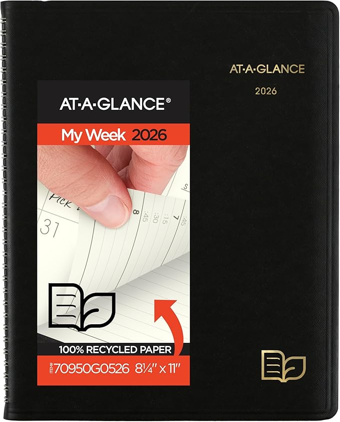 AT-A-GLANCE 2026 Appointment Book Planner, Weekly & Monthly, 8-1/4" x 11", Large, Quarter-Hourly, Recycled, Black (70950G0526)