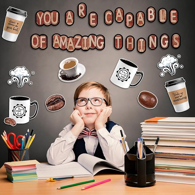 Teling 89 Pcs Industrial Cafe Bulletin Board Set Coffeehouse Themed Bulletin Board Industrial Cafe Classroom Decor Bulletin Board Themed Sets Coffee Classroom Decor for Classroom Home (Novel Style)