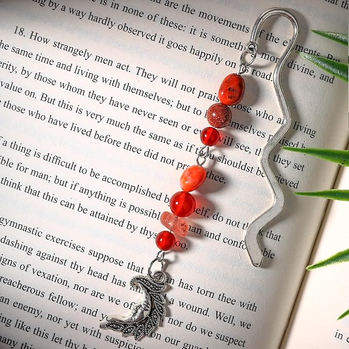 Vintage Metal Moon Bookmark Pendant with Natural Crystal Bead Chain–Elegant Bookmarks for Women,Men,Book Lovers,Teachers and Students(Red Crystal)