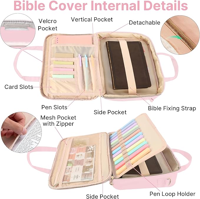 PUGPIU Bible Cover Case for Women, Large Quilted Bible Bag with Shoulder Strap and Handle, Bible Study Supplies Journaling Kit with Highlighters Pens No Bleed Tabs Notebook Cross Clips (Pink)