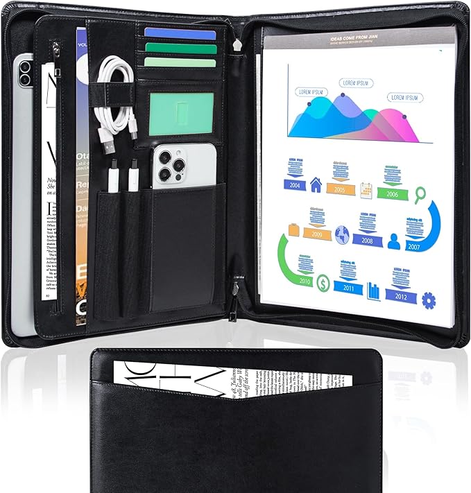 Calfinder Leather Padfolio with Zipper, Professional Business Padfolio for Women,Leather Portfolio for Men,Portfolio Binder for Ipad,Document and Resume,Gift for Valentine's Day
