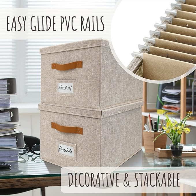 Decorative File Organizer Box Set of 2 - Collapsible Linen Filing Cabinets with Handles Are Perfect to Store All Your Documents & Hanging File Folders - Portable Easy Slide Office Crates with Lid