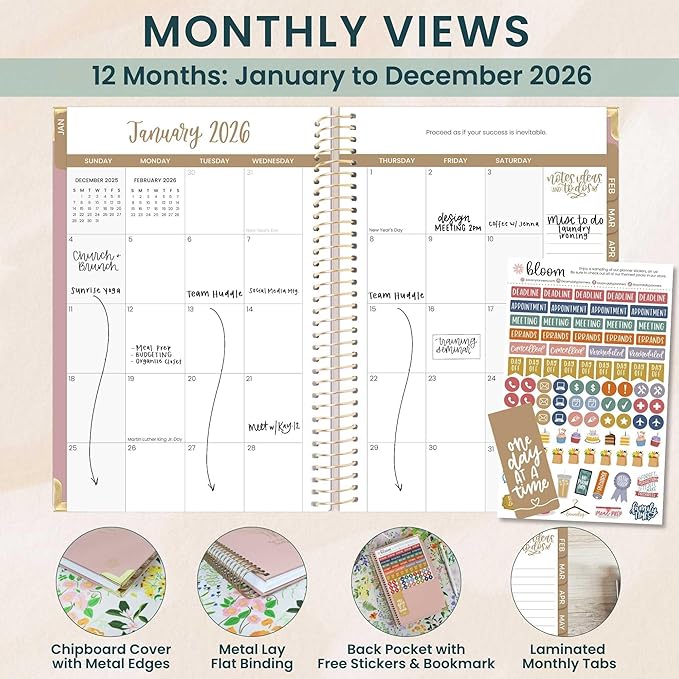 bloom daily planners HARDCOVER 2026 Planner (January to December) - A5 Task Goal Organizer for Women - Monthly & Weekly Inspirational Agenda Book - 5.5" x 8.25" - Linen, Pink