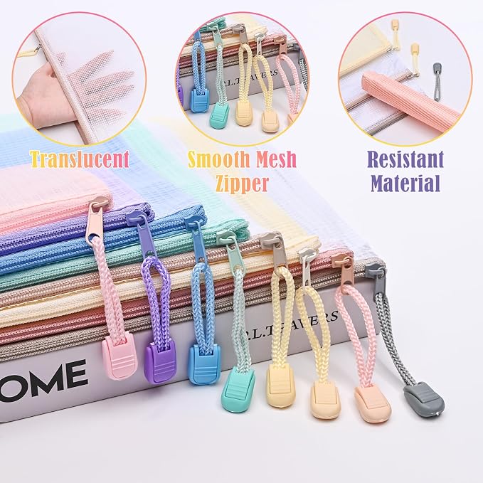 BAYTORY 18Pcs Mesh Zipper Pouch Bags, Clear Waterproof Document Bag, Assorted Color File Pockets, Large Capacity Plastic File Jackets, Multipurpose for Travel School Office and Home (Colorful)