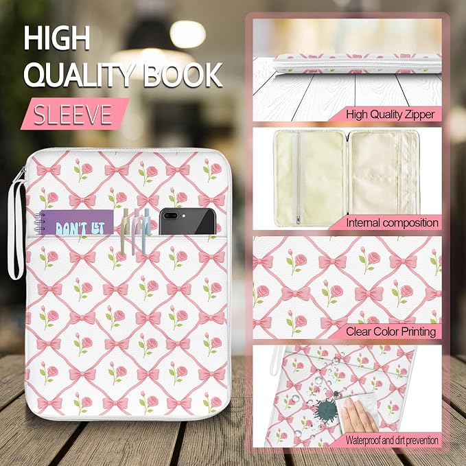 Book Sleeve, Book Protector PU Waterproof for Paperback Hardcover with Zipper and Extra Sleeve Pocket for Loves Reader Students Women Teacher-Bow-tie Roses