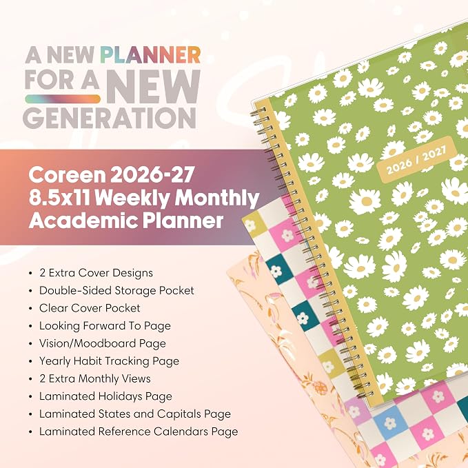 Blue Sky Gen Z 2026-2027 Weekly and Monthly Academic Year Planner Calendar, July 2026 - June 2027, 8.5" x 11", Flexible Interchangeable Cover, Wirebound, Laminated Tabs, Storage Pocket, Coreen