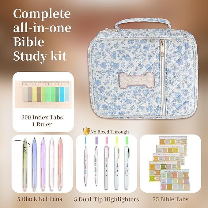 Personalized Initial Bible Cover Case for Women – Large Quilted Bible Bag with Handle, Chenille Letter, Bible Study Kit, Christian Gift for Mom, Grandma & Daughter (Blue Floral-I)
