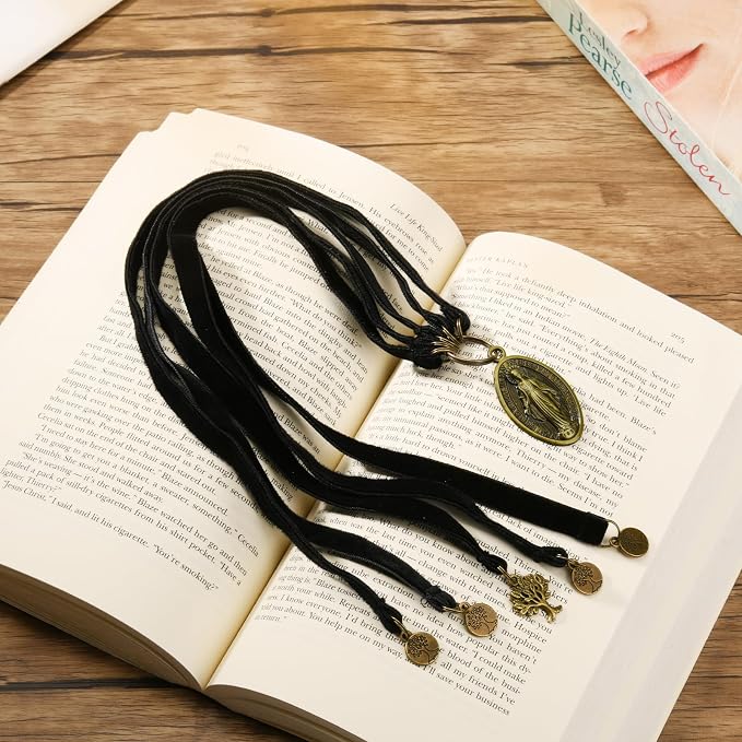 Bookmarks, Bible Bookmark - Black Velvet Bookmarks for Book Lovers with 5 Strings with Tree of Life Lucky Charm Pendant and Mother of God Charm, Christian Saint Book Mark, Ideal Christian Gift