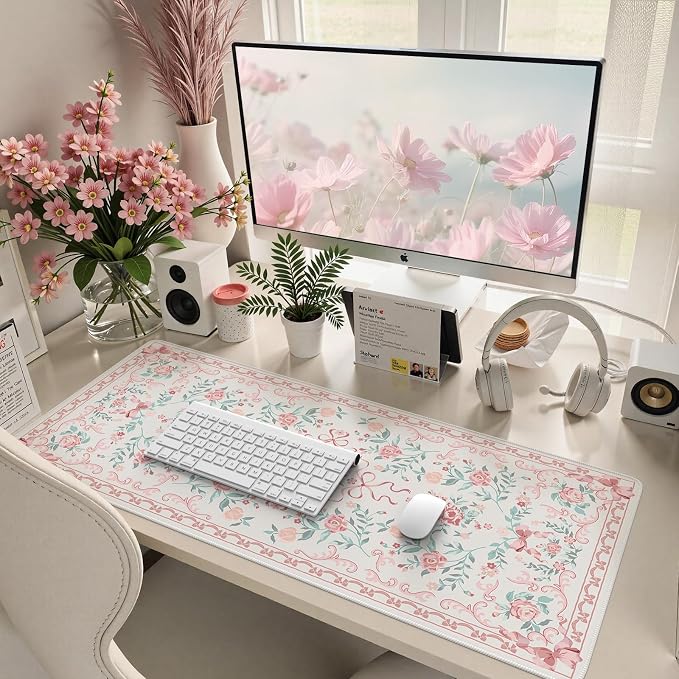 HAOCOO Pink Desktop Mat with Bow, Cute Large Mouse Pad for Office, Non-Slip Waterproof Desk Pad for Keyboard and Mouse, Floral Aesthetic Desktop Mat, Girly Home & Cubicle Supplies