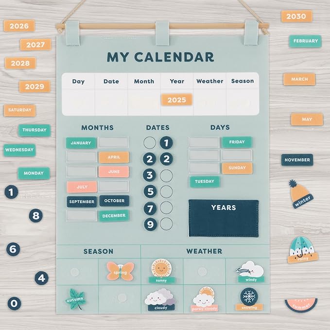 Beautiful Toddler and Kids Calendar - Perfect Homeschool Supplies With Months, Days of the Week, Season and Weather - Cute Play Room Decor Essentials for Preschool Learning & Organization