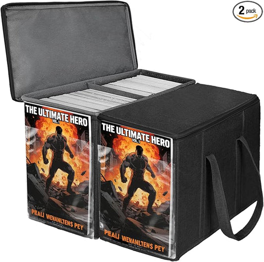 2 Pack Fabric Comic Book Storage Box, Sturdy Comic Book Holder with Adjustable Divider, Collapsible Book Organizer Holds 160-180 Comic Book Heavy Duty Bin Container, Black