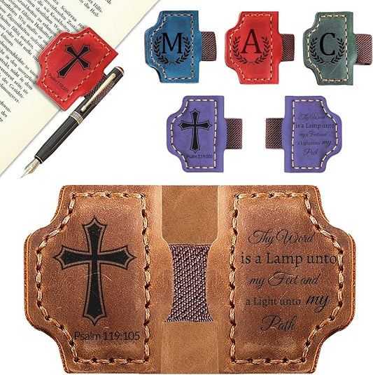 Custom Magnetic Bookmarks with Pen Holder, Personalized 26 Letters Name Initial Leather Bookmark, Leather Book Mark for Men Women Teachers, Readers Book Lovers Gifts (Brown, Psalm)