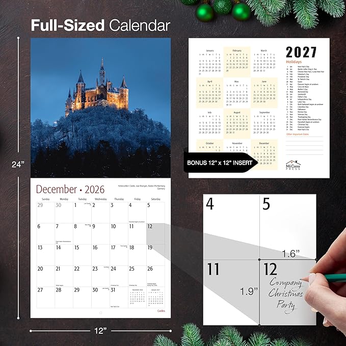 MICASA PRESS Castles 2026 Wall Calendar 12 Month | 12" x 24" Open | Thick & Sturdy Paper | Giftable | Travel Calendar 2026